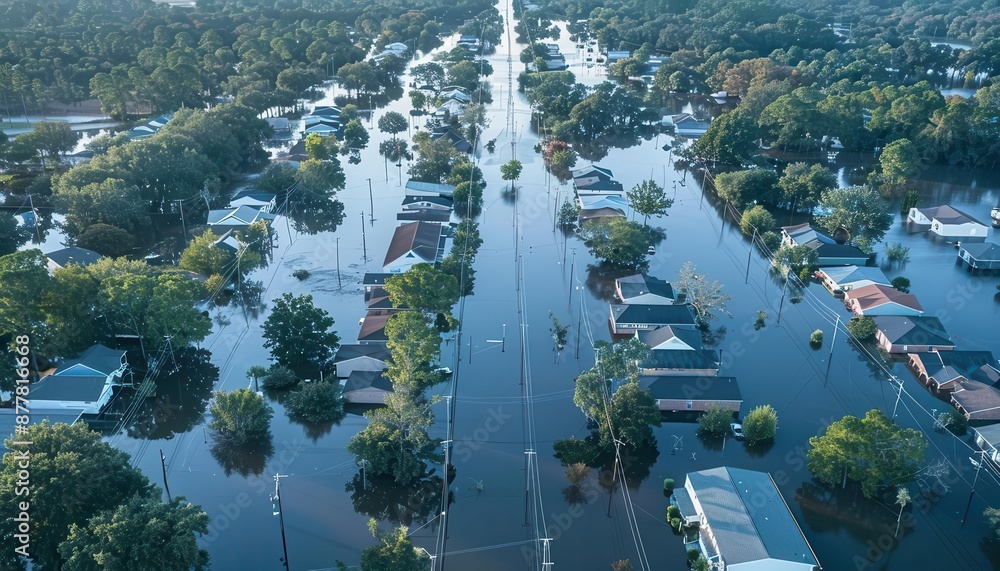 Aerial view of a suburban neighborhood heavily flooded after a natural ...