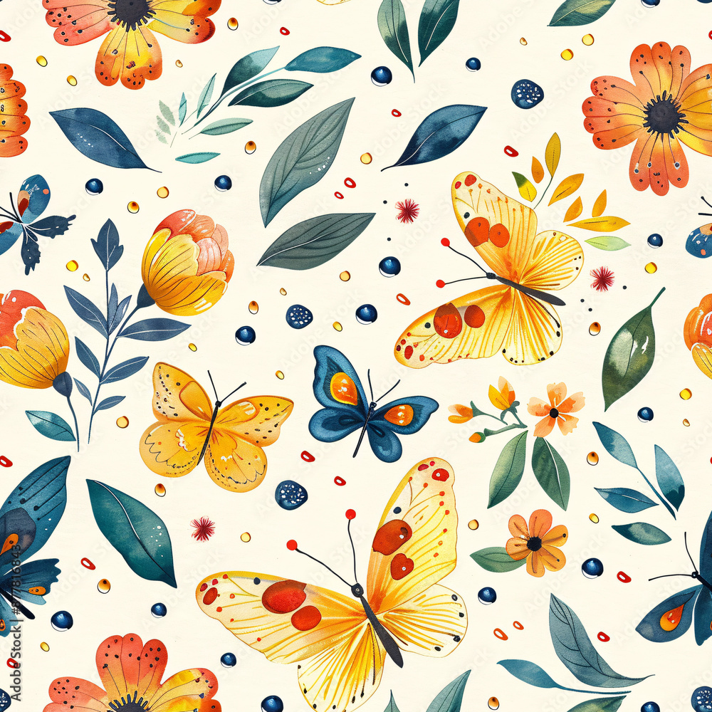 Tranquil Garden: Hand-Drawn Dew Drops, Flowers, and Butterflies Seamless Pattern for Textile Design Tranquil Garden: Hand-Drawn Dew Drops, Flowers, and Butterflies Seamless Pattern for Textile Design