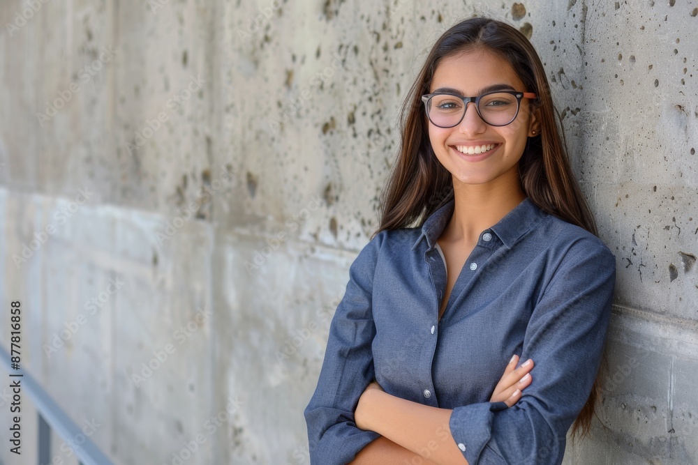 Young smiling business university student standing against college campus wall with arms crossed Young smiling business university student standing against college campus wall with arms crossed
