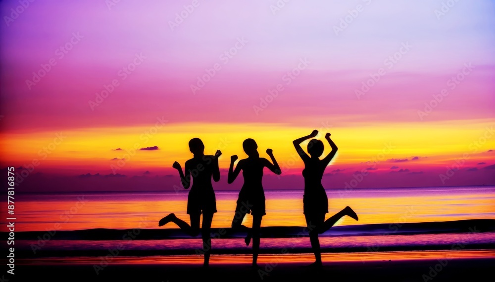 Fototapeta premium Silhouette Three women are jumping in the air on a beach at sunset. The sky is a beautiful mix of pink and purple hues, creating a serene and peaceful atmosphere. The women's joyful expressions