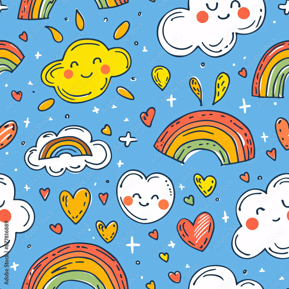 Whimsical Hand-Drawn Seamless Pattern of Hearts, Clouds, and Rainbows for Textile Design Whimsical Hand-Drawn Seamless Pattern of Hearts, Clouds, and Rainbows for Textile Design