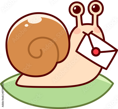 Snail Mail. Cute cartoon snail holding letter envelope, funny drawing. Simple hand drawn doodle illustration.