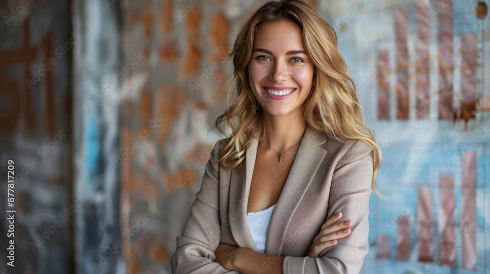 Confident Businesswoman Celebrating Financial Success with Arms Crossed Next to Chart, Copy Space for Text Confident Businesswoman Celebrating Financial Success with Arms Crossed Next to Chart, Copy Space for Text