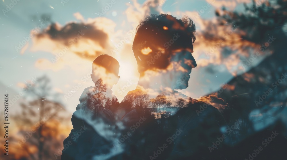 Double exposure image of a father and son, merging their profiles with ...