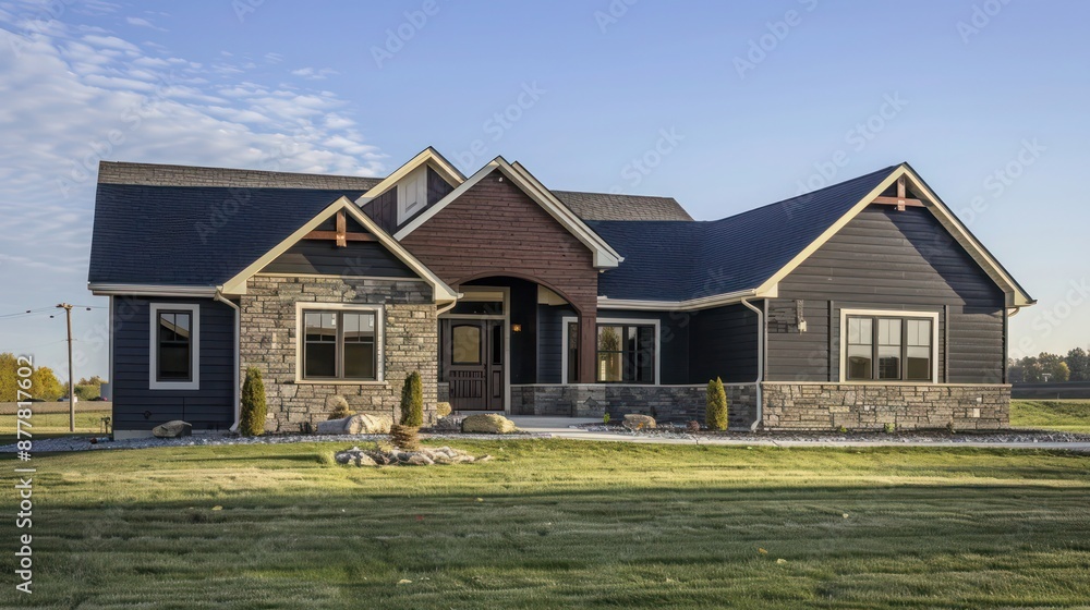 ranch home with a striking contrast between dark siding and light stone accents, offering a modern aesthetic ranch home with a striking contrast between dark siding and light stone accents, offering a modern aesthetic