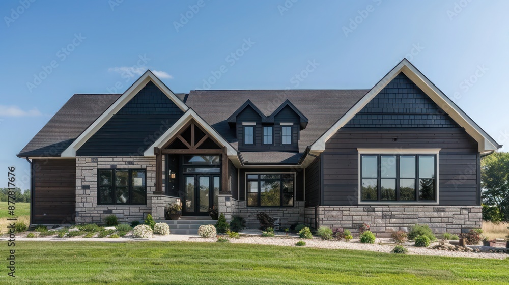 ranch home with a striking contrast between dark siding and light stone accents, offering a modern aesthetic ranch home with a striking contrast between dark siding and light stone accents, offering a modern aesthetic