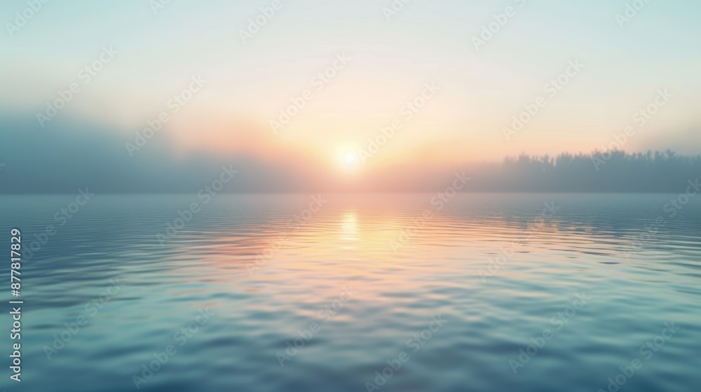 Fototapeta premium A serene misty sunrise over a calm lake, capturing the tranquil beauty of early morning with soft, pastel hues and reflective waters.