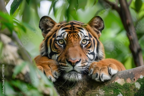 Close-up of a majestic tiger resting on a branch in a lush, green forest, showcasing its striking stripes and intense gaze. photo