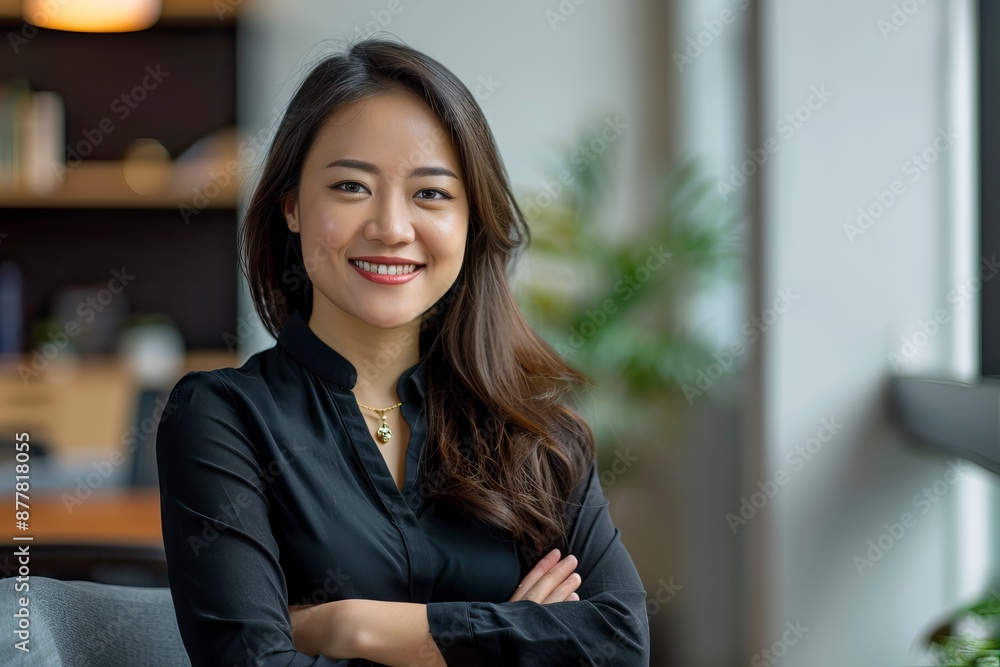 Confident young Asian business woman sitting with arms crossed smiling looking at camera in the office - generative ai Confident young Asian business woman sitting with arms crossed smiling looking at camera in the office - generative ai