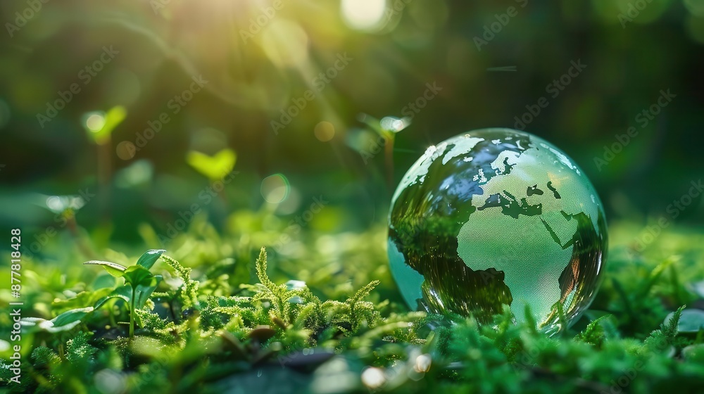Glass globe on grass under sunlight, representing environmental conservation and global sustainability efforts. Greenery surrounds the Earth. Glass globe on grass under sunlight, representing environmental conservation and global sustainability efforts. Greenery surrounds the Earth.