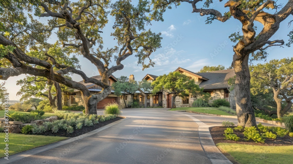ranch house with an elegant, curved driveway and mature trees framing the entrance ranch house with an elegant, curved driveway and mature trees framing the entrance