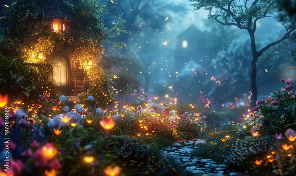 Obraz premium Enchanting fairy tale garden with glowing flowers and lights at twilight, creating a magical atmosphere near a cozy cottage.
