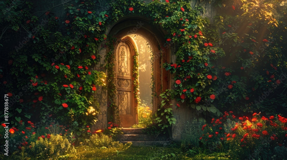 Fototapeta premium Enchanting garden archway with vibrant flowers and lush greenery, illuminated by soft sunlight, evoking a magical and serene atmosphere.