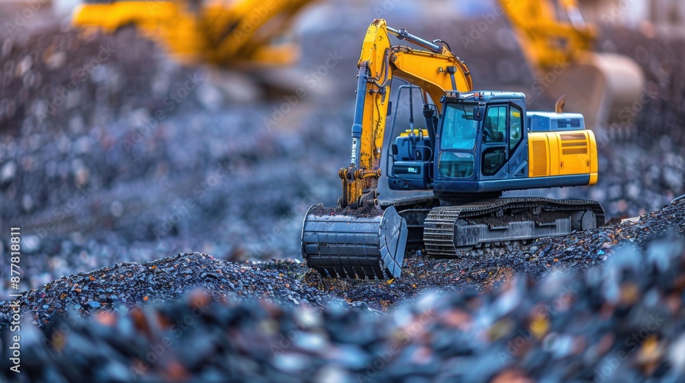 A large yellow excavator working at an industrial construction site, surrounded by piles of gravel and debris. A large yellow excavator working at an industrial construction site, surrounded by piles of gravel and debris.