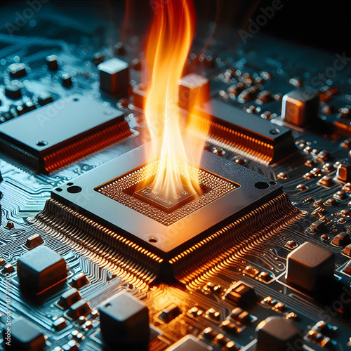 Close up CPU chipset microchip in mainboard from computer overload until fire burning photo