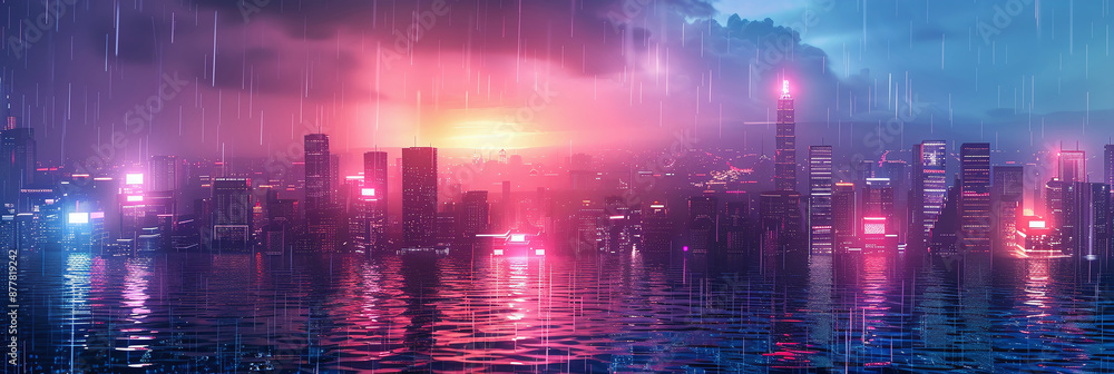 A modern city skyline drenched in rain glows under a vibrant sunset. Neon-lit skyscrapers reflect in glistening water, creating a stunning urban scene.
A modern city skyline drenched in rain glows under a vibrant sunset. Neon-lit skyscrapers reflect in glistening water, creating a stunning urban scene.