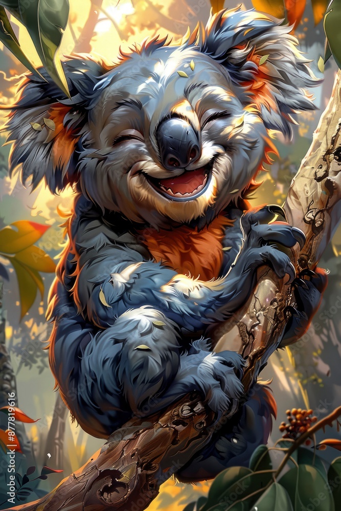  Cute smiling koala, digital, playful cartoonish, caricature-like, vector art illustration, colorful cartoon, character, vibrant primary