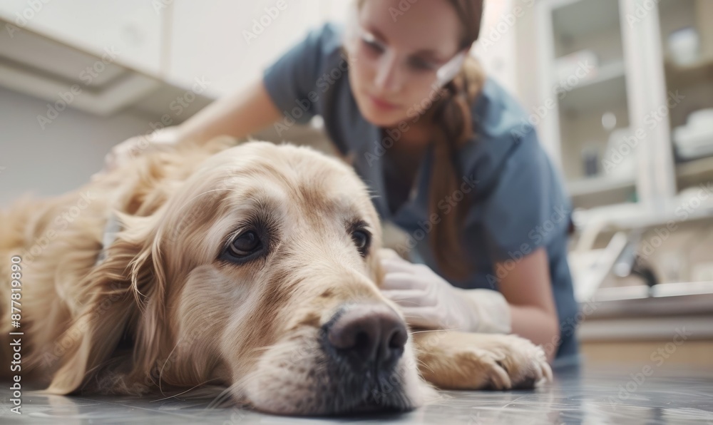 A woman is petting a dog in a veterinary clinic A woman is petting a dog in a veterinary clinic