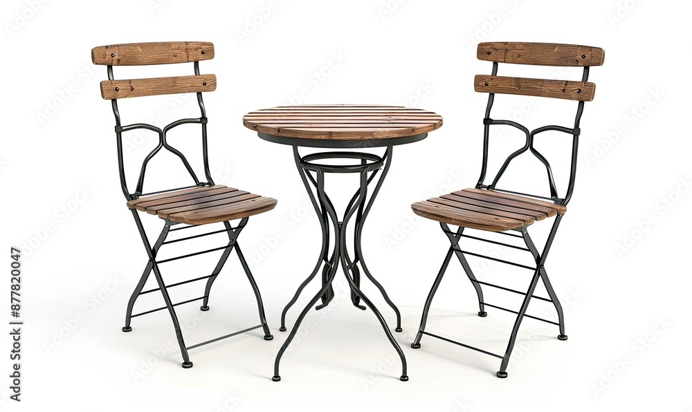 A wooden table with two chairs and a third chair in the background A wooden table with two chairs and a third chair in the background