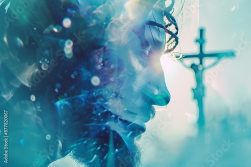 Abstract double exposure portrait of Jesus Christ and the cross, sacred harmony, symbolizing the unity of faith and salvation photo