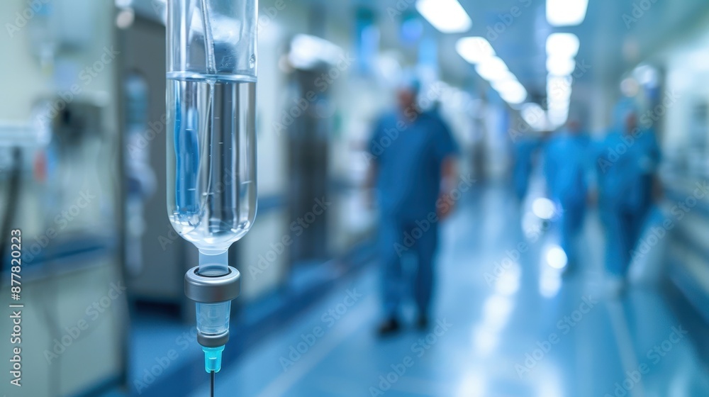 Close-up of an IV drip in a hospital hallway with blurred medical staff in the background, emphasizing healthcare setting. Close-up of an IV drip in a hospital hallway with blurred medical staff in the background, emphasizing healthcare setting.