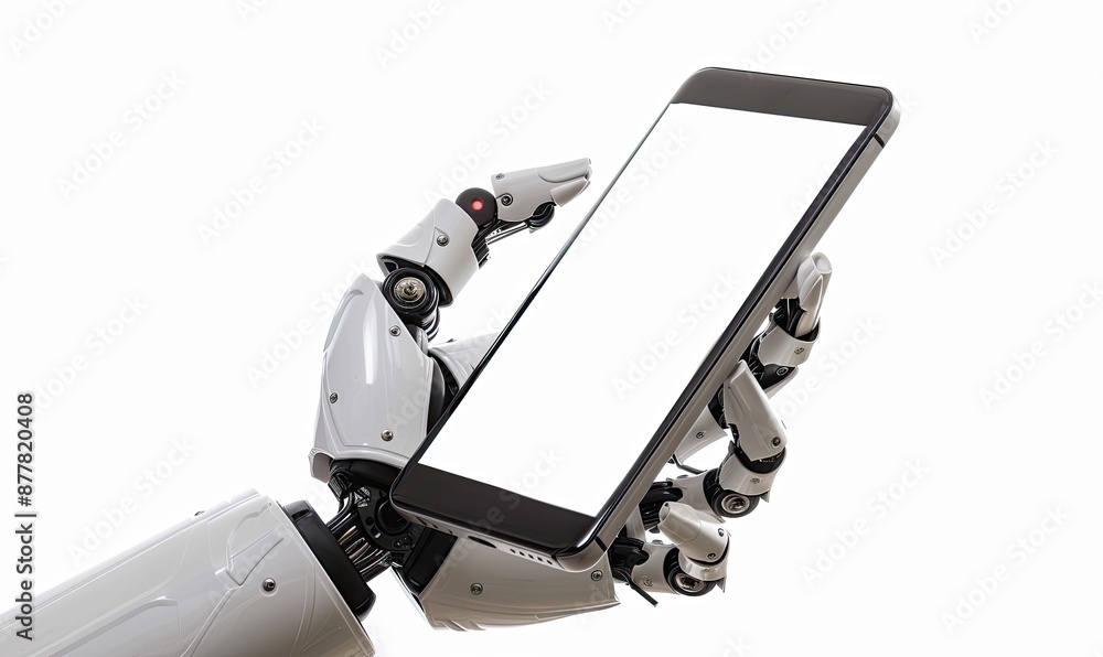 A robot is holding a cell phone in its hand A robot is holding a cell phone in its hand