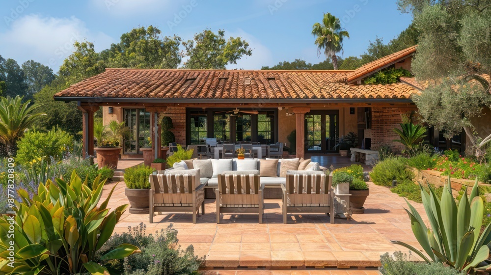 ranch house with a terracotta roof and an outdoor seating area surrounded by Mediterranean plants ranch house with a terracotta roof and an outdoor seating area surrounded by Mediterranean plants