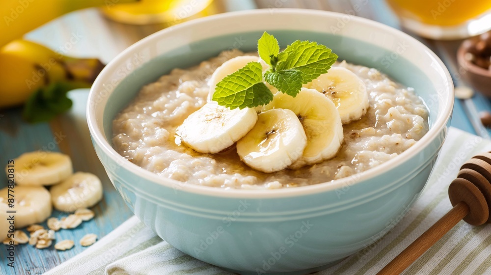 Food for convalescent patients, A bowl of oatmeal topped with sliced bananas and a drizzle of honey Food for convalescent patients, A bowl of oatmeal topped with sliced bananas and a drizzle of honey