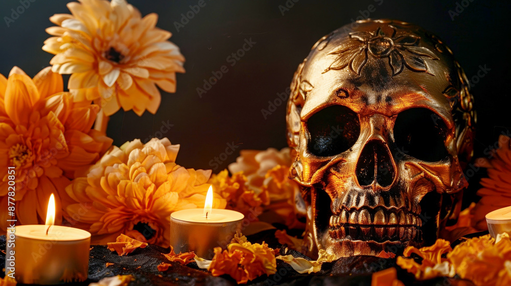 gold skull for dia de los muertos - day of the dead with candles and flowers gold skull for dia de los muertos - day of the dead with candles and flowers