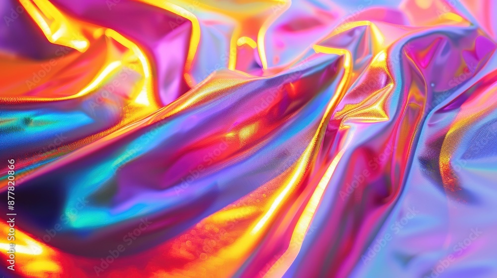 Fototapeta premium Close-up of iridescent holographic fabric with vibrant colors and a silky, shiny texture, creating a mesmerizing visual effect.