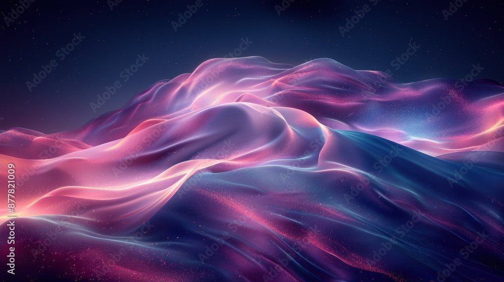 Fototapeta premium Abstract pastel shapes in soft pink, purple, and blue hues gently float against a deep blue gradient, evoking a serene and dreamy atmosphere.