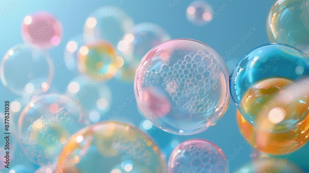Colorful bubbles of pink, blue, green, and yellow swirl and float against a serene blue backdrop, creating a lively and vivid spectacle.
