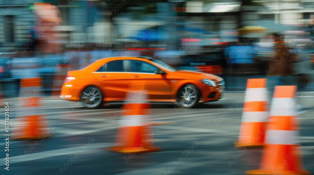 A vibrant orange car speeding through city traffic, with motion blur and traffic cones in the foreground, emphasizing urban life and speed. A vibrant orange car speeding through city traffic, with motion blur and traffic cones in the foreground, emphasizing urban life and speed.