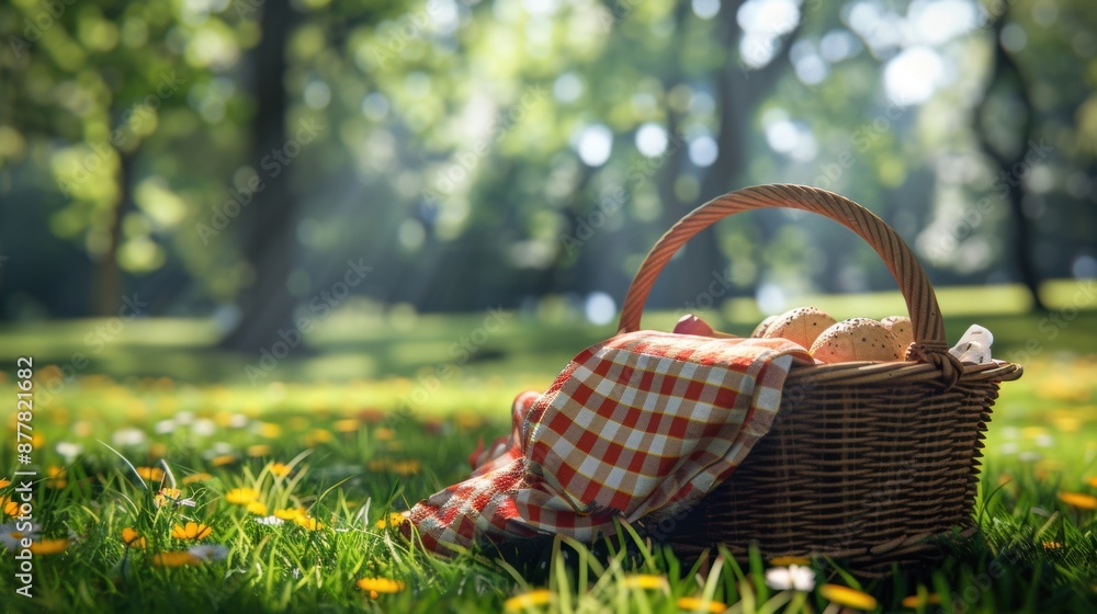 A picnic basket with a red-checked cloth on green grass in a sunny park, surrounded by flowers and trees, ideal for a relaxing day out. A picnic basket with a red-checked cloth on green grass in a sunny park, surrounded by flowers and trees, ideal for a relaxing day out.