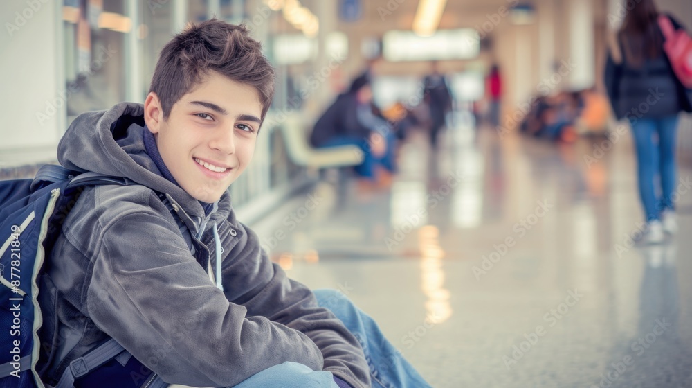 A cheerful teenage boy with a backpack sits in a bustling indoor hallway, showcasing youthful energy and optimism. A cheerful teenage boy with a backpack sits in a bustling indoor hallway, showcasing youthful energy and optimism.