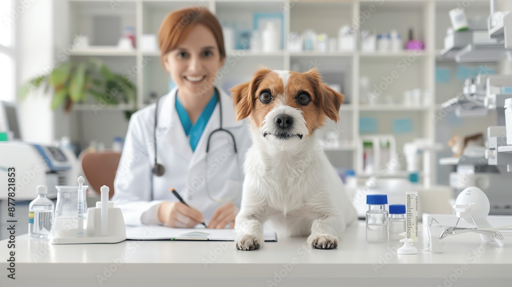 A vet conducting various tests on a pet, evaluating the results, and writing a prescription in a well-organized veterinary office A vet conducting various tests on a pet, evaluating the results, and writing a prescription in a well-organized veterinary office