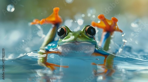 Xenopus Frog in a swimmer’s outfit, competing in a race. photo