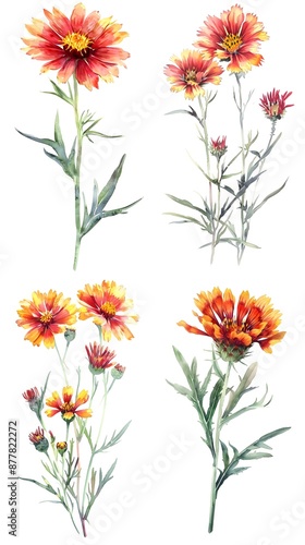 Set of Gaillardia Flower Watercolor Illustration on White Background