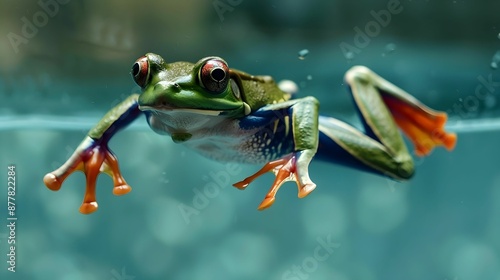 Xenopus Frog in a swimmer’s outfit, competing in a race. photo