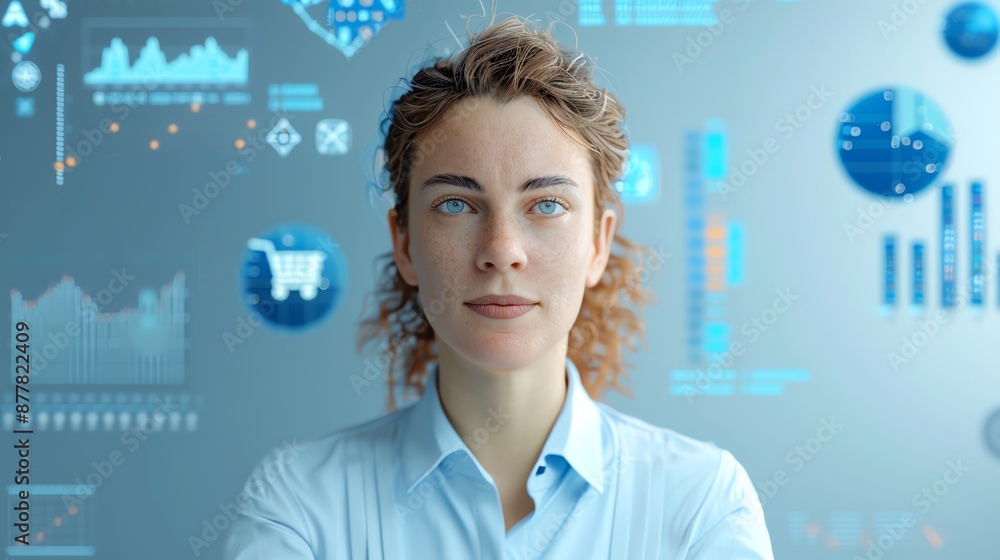 Frontal view of an ambitious founder surrounded by digital commerce symbols and graphs Frontal view of an ambitious founder surrounded by digital commerce symbols and graphs