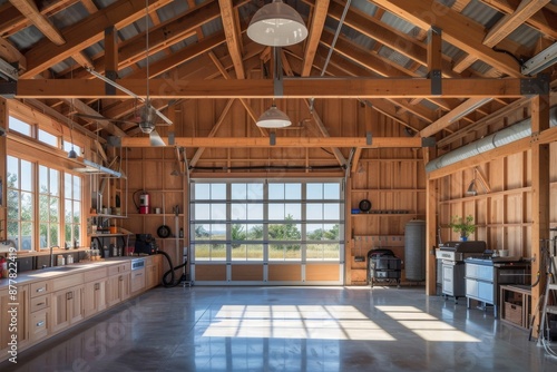 Spacious Garage with Wooden Beams and Large Windows