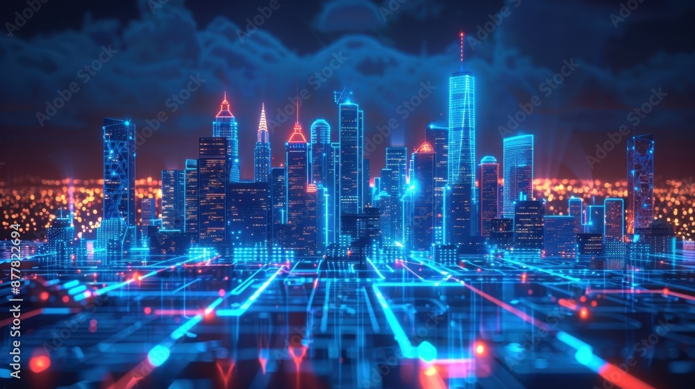 Futuristic digital cityscape in neon blue outlines against a dark backdrop, exuding modernity and innovation.
Futuristic digital cityscape in neon blue outlines against a dark backdrop, exuding modernity and innovation.