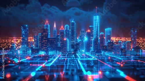 Futuristic digital cityscape in neon blue outlines against a dark backdrop, exuding modernity and innovation.  © Best