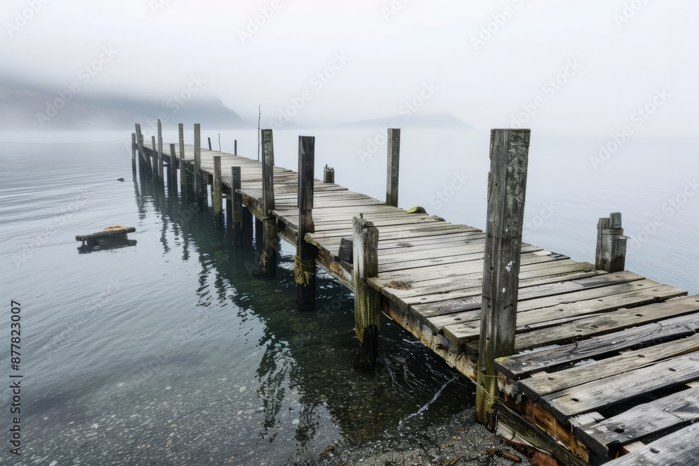 A weathered wooden pier jutting out into the misty waters of a tranquil bay, Generative AI A weathered wooden pier jutting out into the misty waters of a tranquil bay, Generative AI