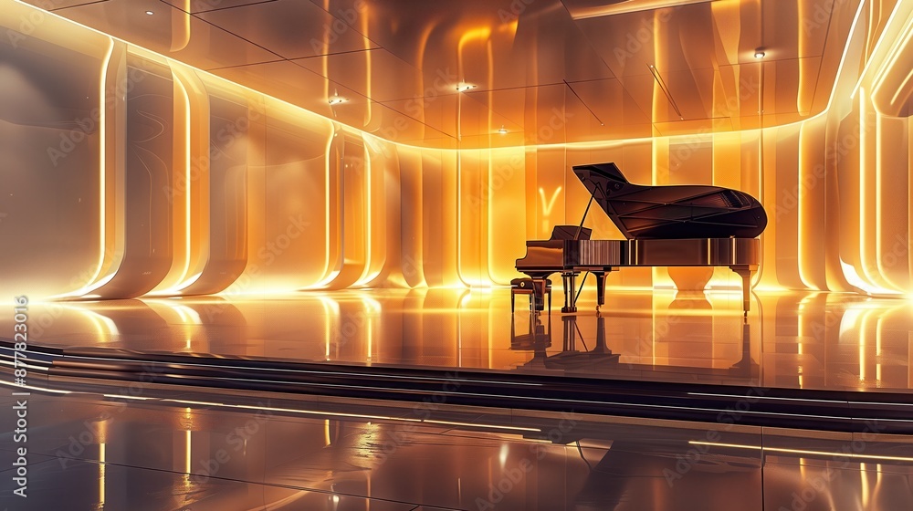 custom made wallpaper toronto digitalElegant grand piano on a modern glossy stage with glowing golden lights creating a futuristic and sophisticated atmosphere.