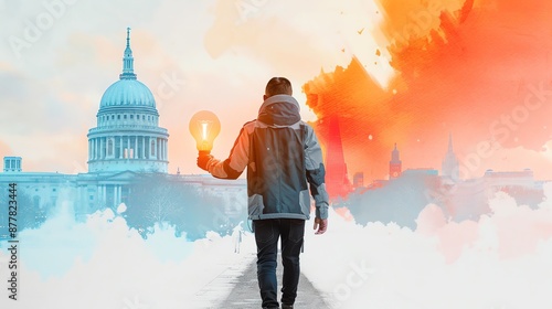 Frontal view of a visionary founder holding a glowing light bulb with a bustling capital city in the background