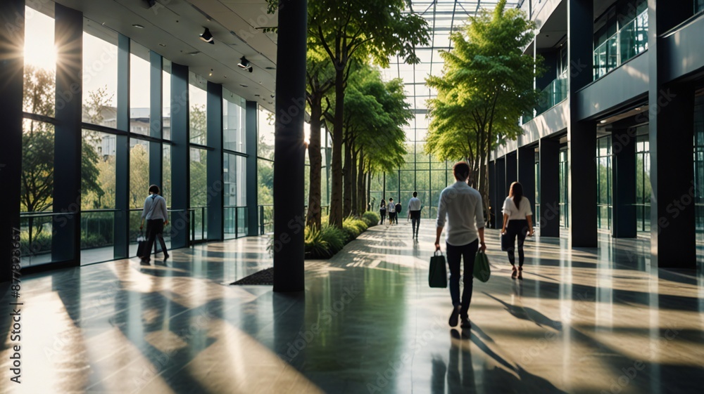 Blurred background of people walking in a modern office building with green trees and sunlight , eco friendly and ecological responsible business concept Blurred background of people walking in a modern office building with green trees and sunlight , eco friendly and ecological responsible business concept
