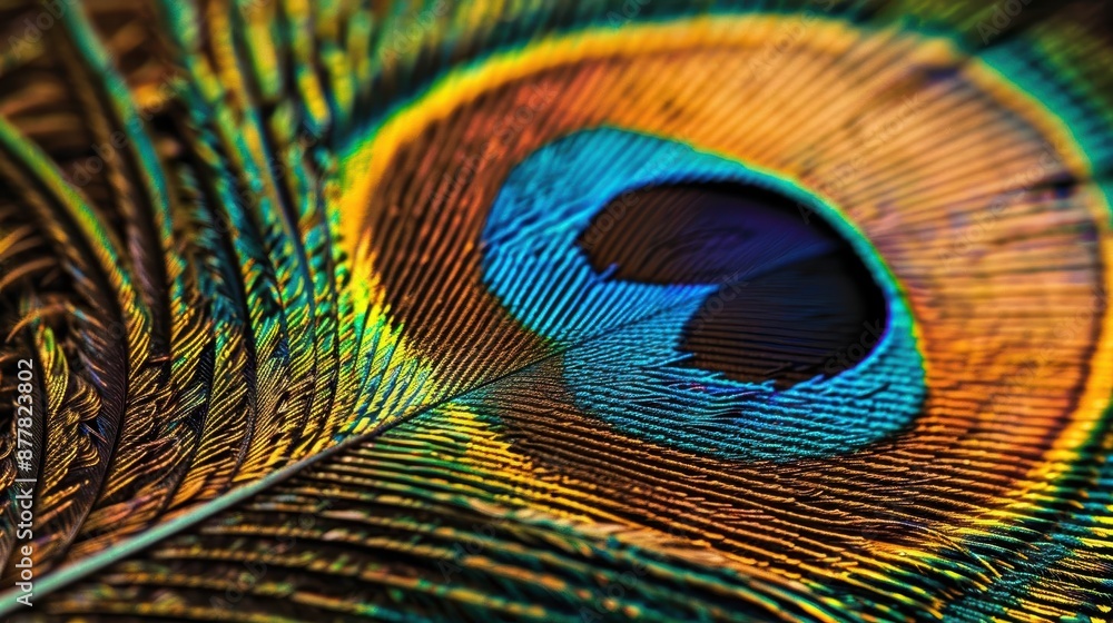 Naklejka premium Vibrant Close-Up of Magnificent Peacock Feather in Brilliant Colors