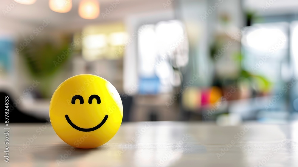 Positivity in the workplace with a yellow smiling smiley ball in the office interior, promoting a positive work environment Positivity in the workplace with a yellow smiling smiley ball in the office interior, promoting a positive work environment
