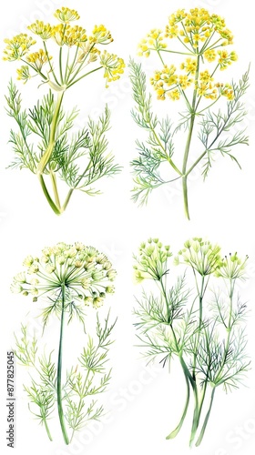 Set of Fennel Foeniculum Vulgare Flower Watercolor Illustration on White Background